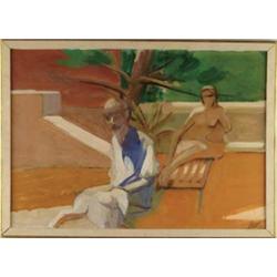 JAMES WEEKS (Darrell Northrup) (American, 1922-1998) STUDY FOR BALCONY PAINTING (Two People with Dog