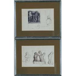 UNSIGNED (American, 20th Century) TWO PEN SKETCHES.