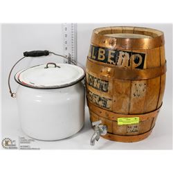 SMALL WOOD BARREL WITH TAPES AND VINTAGE PIN POT.