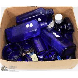 BOX OF VINTAGE BLUE COLOUR BOTTLES