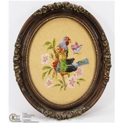 LARGE TAPESTRY IN ROSE FRAME - BIRDS ON A BRANCH.