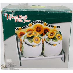 WOOD RACK WITH JARS.