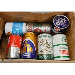 BOX FULL OF VINTAGE OIL CANS.