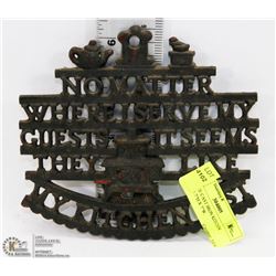 ANTIQUE CAST IRON KITCHEN PLAQUE 7"H X 7"W.