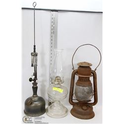 GROUP OF 3 VINTAGE LAMPS, INCLUDES A COAL OIL, A