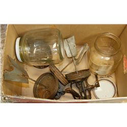 BOX OF ANTIQUE GLASS BUTTER CHURNS.