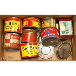 BOX OF VINTAGE TOBACCO TINS.