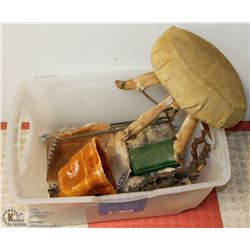 BOX OF VINTAGE ITEMS INCLUDING STOOL