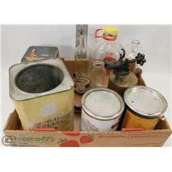 TRAY OF COLLECTIBLES, INCLUDES WOOD BLOCK PULLEY