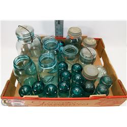 LARGE FLAT OF BLUE GLASS CANNING JARS & INSULATORS