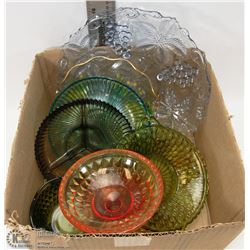 BOX OF DEPRESSION GLASS AND MORE