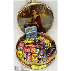 OLD TIN WITH 13 COLLECTIBLE HOT WHEELS WITH HOT