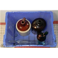 TOTE OF COLLECTIBLE BOTTLES, LIQUOR CROCKS.