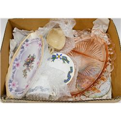 BOX W/VINTAGE PLATTER & FINE CHINA FROM