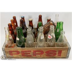 CRATE WITH VINTAGE BOTTLES INCL 2 UNOPENED BEER