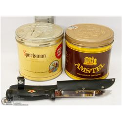 AMSTEL & SPORTSMAN TOBACCO TINS WITH BUCK KNIFE &