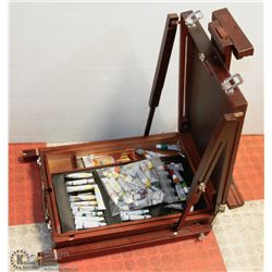 TRIPOD ART EASEL LOADED WITH PAINTS, SOME OPENED