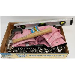 TOOL LOT W/ TOOL POUCH, HAMMER, SOCKETS & MORE