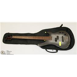 ELECTRIC AXTECH SILVER BASS GUITAR WITH SOFT CASE.