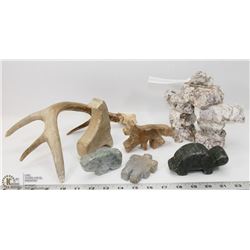 INUKSHUK WITH 5 INUIT SOAPSTONE CARVINGS AND DEER