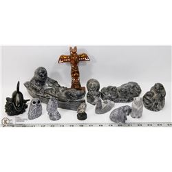 LARGE INUVUK CANADA STONE CARVING WITH 10 SMALL