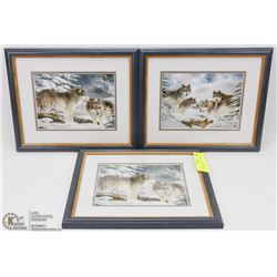 LOT OF 3 SMALL MATTED FRAMED WOLF PRINTS.