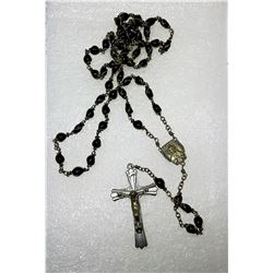 14 - BLACK BEAD ROSARY WITH MEDAL &
