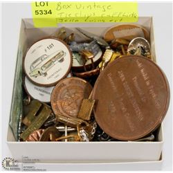 BOX OF VINTAGE TIE CLIPS, CUFFLINKS, JELL-O COINS,