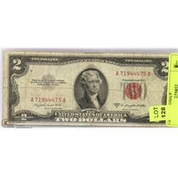 1953 US RED SEAL 2 DOLLAR BILL.