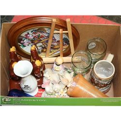 BOX OF ASSORTED CRYSTAL INCL BLUE MOUNTAIN POTTERY