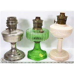 GROUP OF 3 VINTAGE OIL LAMPS NO SHADES