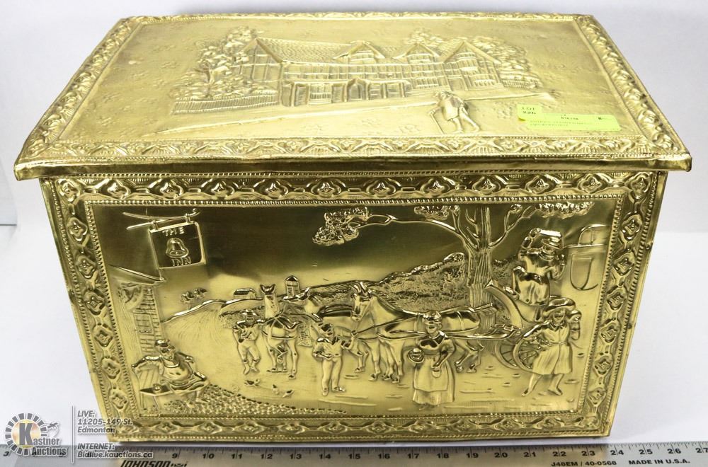 Antique Stamped Brass Tone Firewood Box
