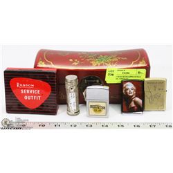 TRINKET BOX WITH ZIPPO STYLE LIGHTERS, VINTAGE