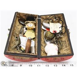 TRINKET BOX WITH VINTAGE COLLECTIBLES INCL BRASS