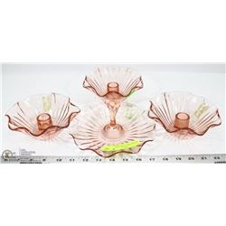 LOT OF 3 PINK GLASS CANDLE HOLDERS AND CANDY DISH