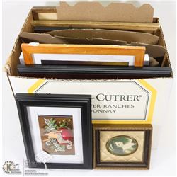 BOX OF VINTAGE FRAMED PICTURES.