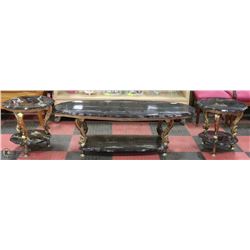 MARBLE & BRASS COFFEE TABLE WITH 2 END TABLES.