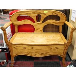 CARVED OAK BENCH  WITH STORAGE