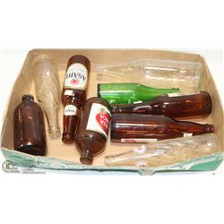 FLAT OF 9 VINTAGE POP AND BEER BOTTLES