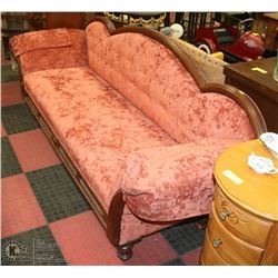 VINTAGE 80" WOOD AND FABRIC LOVE SEAT