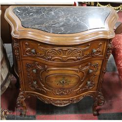 ESTATE CARVED WOOD MARBLE TOP END TABLE
