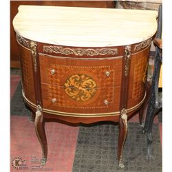 WOOD INLAY GRANITE TOP 2 DRAWER END TABLE WITH