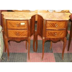 PAIR OF VINTAGE WOOD INLAY MARBLE TOP END TABLES
