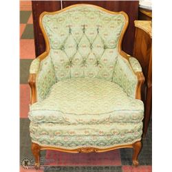 VINTAGE FRENCH PROVINCIAL STYLE GREEN FABRIC SOFA