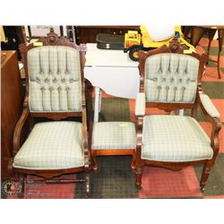 3PC SOLID WOOD AND FABRIC CARVED CHAIR AND OTTOMAN