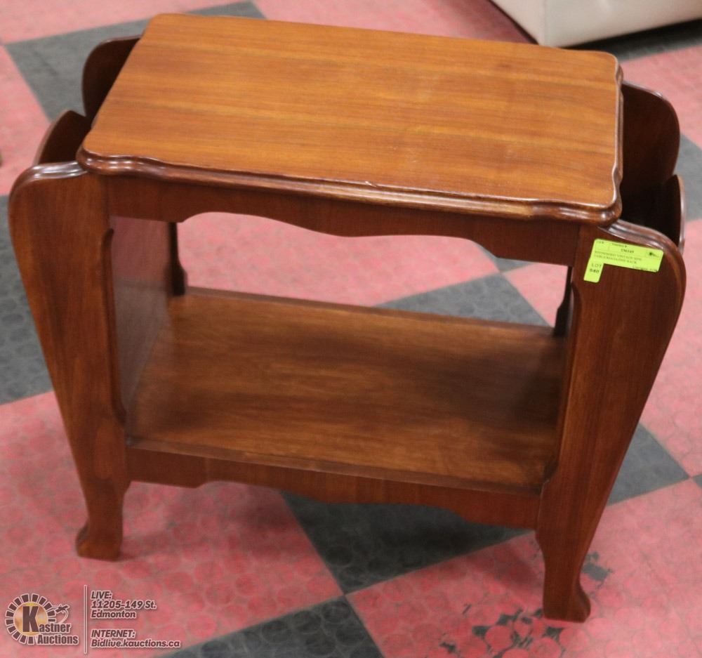 REFINISHED VINTAGE SIDE TABLE/MAGAZINE RACK.
