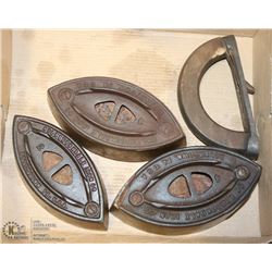 3 BRASS SAD IRONS  AND HANDLE.