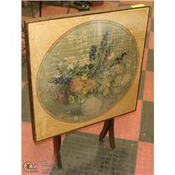 VINTAGE TABLE WITH FLOWER DESIGN TOP.