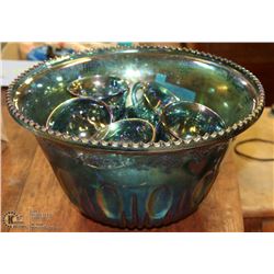 INDIANA BLUE CARNIVAL GLASS PUNCH BOWLS SET