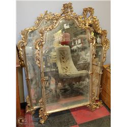 3 GOLD TONE CARVED FRAME MIRRORS , CATHEDRAL STYLE